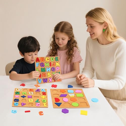 Alphabet Wooden Puzzles for Toddlers 3-5, Pack of 3 ABC, Number and Shape Puzzle, Preschool Educational Learning Toys with Puzzle Board & Letter Blocks for Girls Boys Ages 3 4 5 Years Old - color: Standard 3-pack
