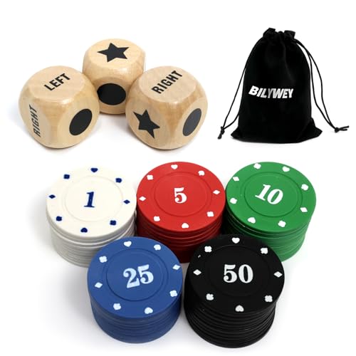 Bilywey Left Right Center Dice Game Set with 3Pcs 1Inch Wood Dices + 50pcs Colorful Poker Chips (Wood Set) - color: Wood Set