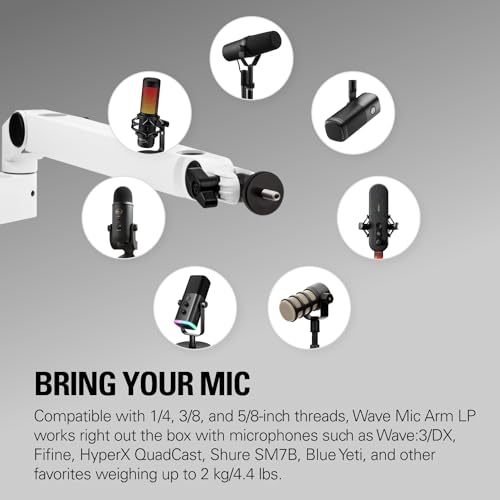 Elgato Wave Mic Arm LP White, Low Profile Boom Arm | Sits below shoulder line, 360-degree rotation, Magnetic cable channels, All-metal build, Fully adjustable mount - style: Low Profile White