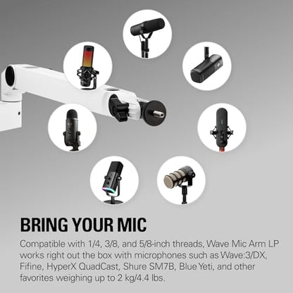 Elgato Wave Mic Arm LP White, Low Profile Boom Arm | Sits below shoulder line, 360-degree rotation, Magnetic cable channels, All-metal build, Fully adjustable mount - style: Low Profile White