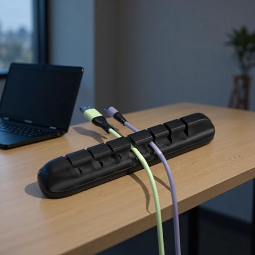 Universal Desktop Data Cable Fixing Clip,Multi functional wire organizer, cable tray USB data cable fixed hub, essential tool for daily life - color: Black（5 card slots ）