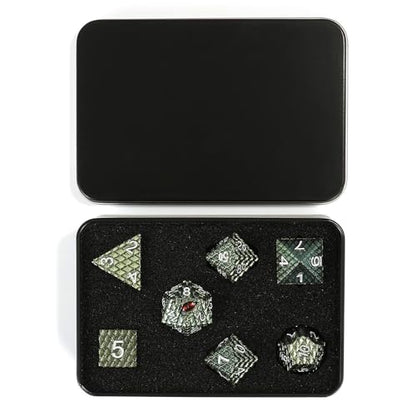 7pcs Dragon Scale Dice Set,Dragon Eye Metal Dice with Gift Metal Box for TTRPG Tabletop Gaming,Dungeon Masters,RPG Adventures(Grass Green & Red Eye) - color: Grass Green & Red Eye