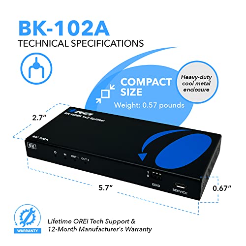 OREI 8K HDMI Splitter 1 X 2, Duplicate with Audio Extractor UltraHD Supports Upto 4K @ 120Hz IR EDID HDCP 2.3 - (BK-102A) (1x2 - Audio Out) | OREI 8K HDMI Splitter 1x2, Duplicate with Audio Extractor (1x2 - Audio Out) - Up to 4K@120Hz, IR, EDID, HDCP 2.3