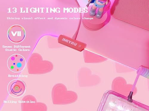 JMIYAV Pink Love Heart RGB Gaming Mouse Pad 31.5x12 Inch Cute Mousepad PC XL Large Extended Glowing Led Light Up Desk Pad Non-Slip Rubber Base Computer Mat Desk Accessories Gaming Setup Sweet Hearts - color: Sweet Hearts