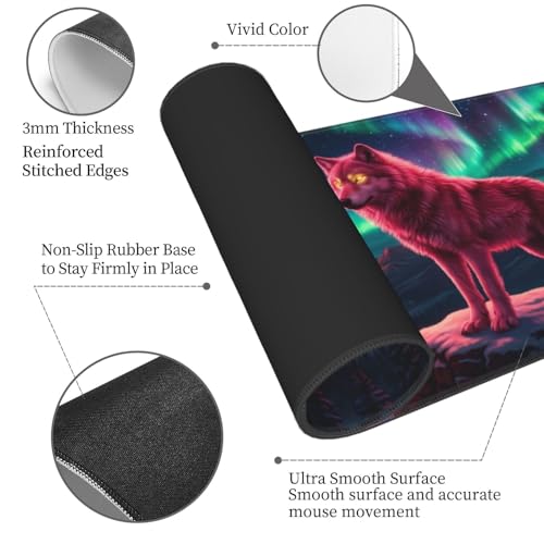 Wolf Gaming Mouse Pad XL - 31.5x11.8 in Large Extended Desk Mat, Galaxy Night Sky Design, Non-Slip Rubber Base, Stitched Edges for Office & Game - color: 2