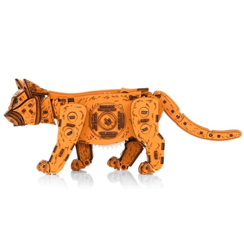 3D Wooden Puzzle for Adults, Mechanical Cat Wooden Model Kits to Build, 236PCS DIY Assembly Pet Jigsaw Puzzle Animal Brain Teaser, Building Toy Gift, KIT Version - color: Orange