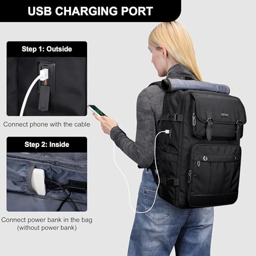 PIJUSHI 3-In-1 Travel Backpack for Women with 16" Padded Laptop Compartment | Convertible Carry On Luggage/Duffel/Shoulder with 180° Open, USB Port, Dry/Wet Pocket for Airport, Daily, PE049 Black