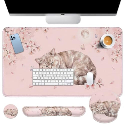 Arttown Keyboard Mouse Pad Set, 4 in 1 Desk Mat Set Kawaii Cat | Floral Pink Large Mousepad+Keyboard Wrist Rest+Mouse Wrist Rest+Coaster Ergonomic Design for Home Office Computer - color: Cat Pink Floral