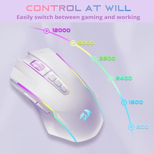 Redragon Wireless Gaming Mouse, Tri-Mode 2.4G/USB-C/Bluetooth Mouse Gaming, 12000 DPI, RGB Backlit, Fully Programmable, Rechargeable Wireless Computer Mouse for Laptop PC Mac, White - color: White, style: Bluetooth/ 2.4G/ Wired