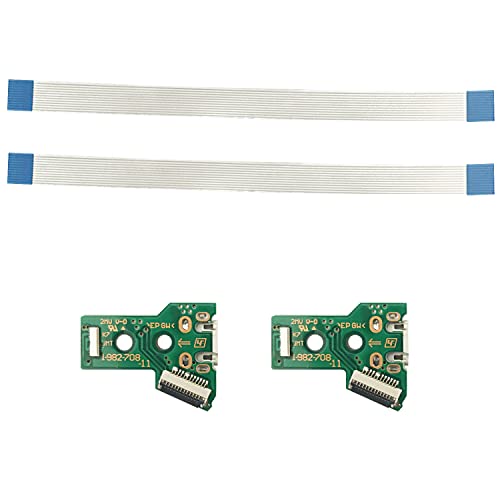 FainWan 2pcs J-D-S-055 Replacement Charging Port Assembly 12 Pin for PS4 DualShock 4, Micro USB Adaptor Charger Socket Board Connector Module for PlayStation DS4 Controller, Flex Cable