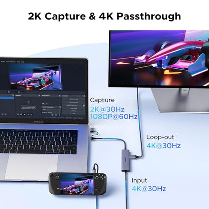 UGREEN 2K@30Hz USB C Video Capture Card with 100W PD 4K@30Hz HDMI Loop-Out, 1080P 60fps USB 3.0 Capture Card for Streaming Low Latency YUY2 VR Compatible with Switch, Stream Deck, Quest 3