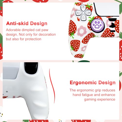 Strawberry Silicone Cover for PS5 Controller - Anti-Slip Protective Skin Grip with 2 Thumb Caps | Cute Pink Kawaii Gaming Accessory (Soft Touch, Washable) - color: Pink Strawberry