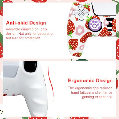 Strawberry Silicone Cover for PS5 Controller - Anti-Slip Protective Skin Grip with 2 Thumb Caps | Cute Pink Kawaii Gaming Accessory (Soft Touch, Washable) - color: Pink Strawberry