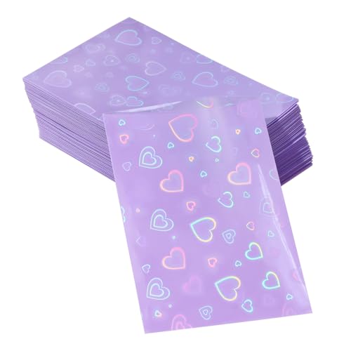 ONLYKXY 100pcs Soft Clear Plastic Heart Glitter Bag Storage Pouch Laser Sleeve Cover Pocket Holder Holographic Photo Protector Top Loader for 3in Trading Card Coin Jewelry (Purple) - color: Purple