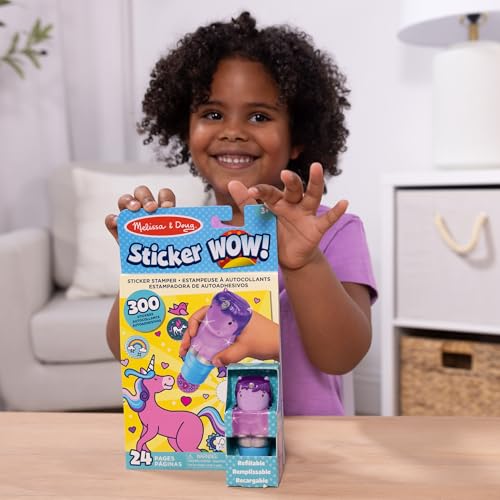 Melissa & Doug Sticker Wow!™ 24-Page Activity Pad and Sticker Stamper, 300 Stickers, Arts and Crafts Fidget Toy Collectible Character – Purple Unicorn - for Kids Ages 3+ - FSC Certified