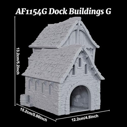 AUSPDICE DND Terrain 25mm 도크 빌딩, 도색되지 않은 TTRPG 워크샵 풍경 | 1:64 스케일 3피스 멀티 레벨 워크샵, 탈착식 섹션과 던전 앤 드래곤을 위한 디테일한 내부 - AF1154G - color: Af1154g Dock Buildings G