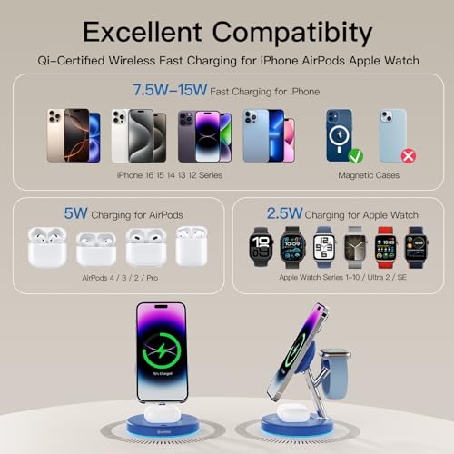 【Adjustable Blue Ambient Light】 Wireless Charger 3 in 1 for iPhone, Magnetic Charging Station for Apple Family,15W Fast MagSafe Charger Stand,for iPhone17-12-iWatch AirPods Series - color: Blue