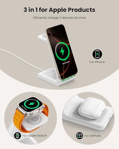 GEEKERA 3 in 1 Wireless Charging Station for Apple, Fast Wireless Charger Stand Dock for iPhone 17 16 15 14 13 12 11 Pro Max Plus XR XS X, Apple Watch Ultra/11/10/9/SE/8/7/6/5/4/3/2, AirPods Pro/4/3/2 - color: White