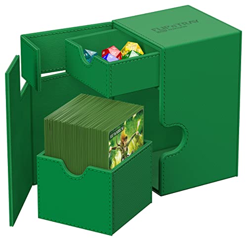 Ultimate Guard Flip'n'Tray 100+, Deck Case for 100 Double-Sleeved TCG Cards + Dice Tray, Green, Independent Magnetic Closure & Microfiber Inner Lining - color: Green
