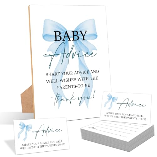 Blue Bow Baby Shower Advice for Parents To Be, Pack of 1 Wooden Tabletop Sign with Stand and 50 Advice Cards, Blue Coquette Bow Baby Shower Game, Gender Reveal Party Decorations - MP02 - color: Baby Shower Advice