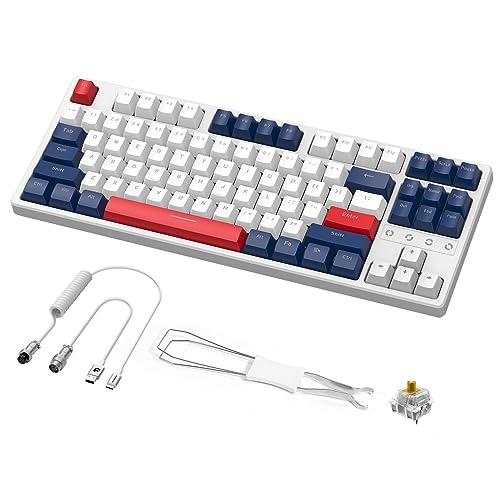 Wireless Gaming Keyboard and Custom Coiled USB C Cable,Triple Mode 2.4GHz/BT 5.0/USB-C,TKL Hot Swappable Mechanical Keyboard Yellow Switches,Rechargeable 3000mAh for PC PS5 PS4 Xbox-2 in 1 Kit - color: Yacht Blue yellow switch