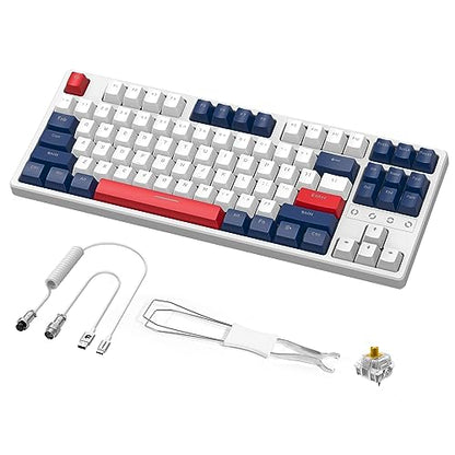 Wireless Gaming Keyboard and Custom Coiled USB C Cable,Triple Mode 2.4GHz/BT 5.0/USB-C,TKL Hot Swappable Mechanical Keyboard Yellow Switches,Rechargeable 3000mAh for PC PS5 PS4 Xbox-2 in 1 Kit - color: Yacht Blue yellow switch