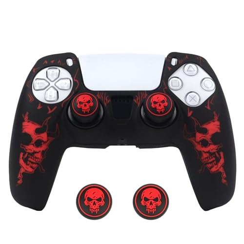 Horned Skull Controller Skin Cover Compatible with PS5/Playstation 5 Controller, RALAN Protector Case Customised Thumb Grip - color: Horned skull Black Red