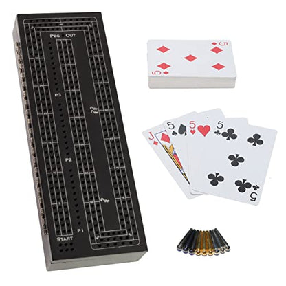 WE Games 3 Player Wood Cribbage Set - Easy Grip Pegs and 2 Decks of Cards Inside of Board - Black Stained - color: Black Stain