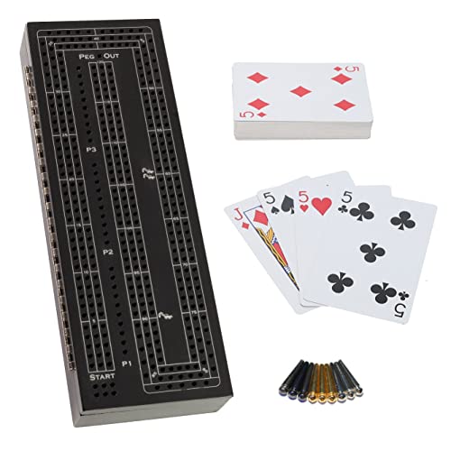 WE Games 3 Player Wood Cribbage Set - Easy Grip Pegs and 2 Decks of Cards Inside of Board - Black Stained - color: Black Stain