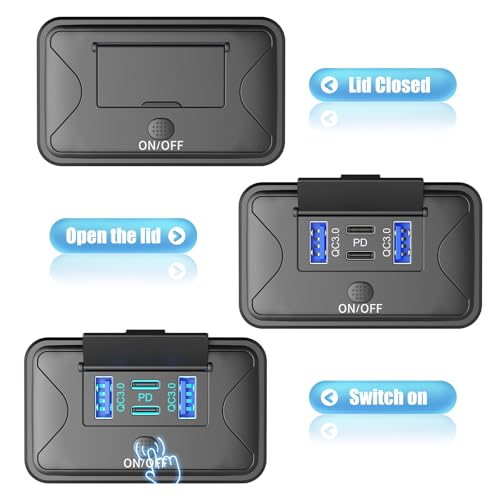 78W 4 Port 12V USB Outlet Wall Mount, Dual 36W PD & Dual 18W QC3.0 Lightweight Surface Mount Charger Socket Panel with Button Switch for Bus RV Truck Marine Golf Cart