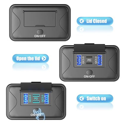 78W 4 Port 12V USB Outlet Wall Mount, Dual 36W PD & Dual 18W QC3.0 Lightweight Surface Mount Charger Socket Panel with Button Switch for Bus RV Truck Marine Golf Cart