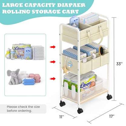 2In1 Baby Diaper Caddy & 3-Tier Rolling Cart, Diaper Caddy Organizer Carts with Dividers, Mobile Metal Utility Cart for Nursery Essentials, Detachable Bedside Cart, Large Capacity, White - color: Off White
