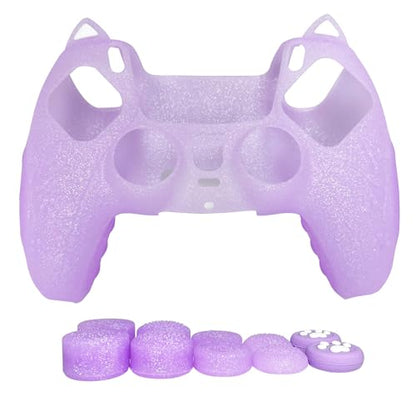 Purple Cat Glitter Anti-Slip Protective Silicone Cover Skin Grips Compatible with PS5/Slim/Pro Controller,8 PCS Glitter Thumb Grips Caps and 2 Paw Grips Caps. (Cat Purple) - color: Cat Purple