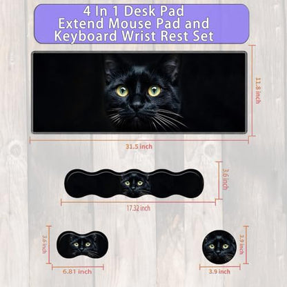 Large Gaming Mouse Pad Set with Wrist Support – 31.5" x 11.8" 4-in-1 XXL Mousepad with Keyboard Wrist Rest, Mouse Wrist Rest & Coaster – Ergonomic Desk Mat for Office, Home – Black Cat - color: Black Cat