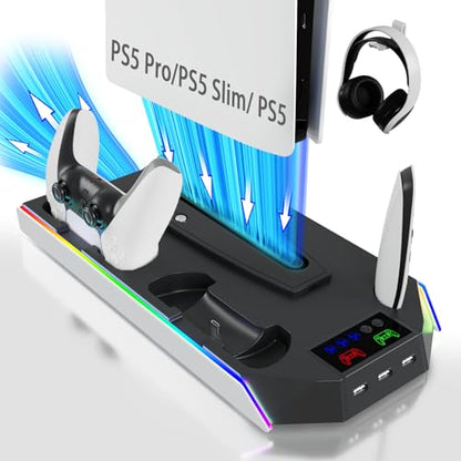 PS5/Slim/Pro Cooling Station for PlayStation 5 Console,PS5 Cooler Fan with Dual PS5 Controller Charger Incl. 3 Level Fans,Headset,USB Hubs,PS5/Slim Stand for PlayStation 5 Accessories - color: RGB-Black