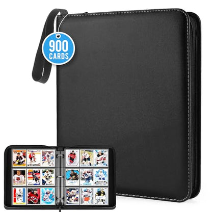 9 Pocket Card Binder: 900 Zipper Double Sided Sports & Trading Card Collector Album with 50 Removable Sleeves - Kids Card Holder for TCG NHL Baseball Football Hockey Games (Black） - color: Black