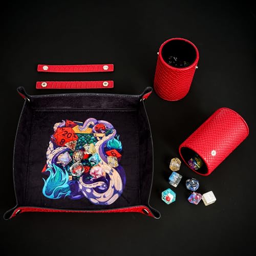 3 in 1 PU Leather Dice Rolling Tray with Two Dice Cup Set, Portable Folding DND Dice Trays for RPG Board Games and Pub Party Games - color: Red