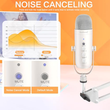 ZealSound Gaming Microphone for PC, USB Podcast Microphone with Noise Reduction, Mute & Gain Control, Zero-Latency Monitoring, Echo Control, Boom Arm, for Mac, iPhone, Stream, YouTube, TikTok (White) - color: White