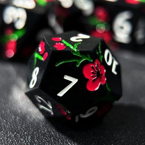 HAOMEJA Resin Flower Dice Set 7pcs/ Sharp Edged Polyhedral Dice/Apply to D&D/DND/RPG-MTG/Role Playing Table Game/Easter/Halloween Party Gift (Black) - color: 7 Black