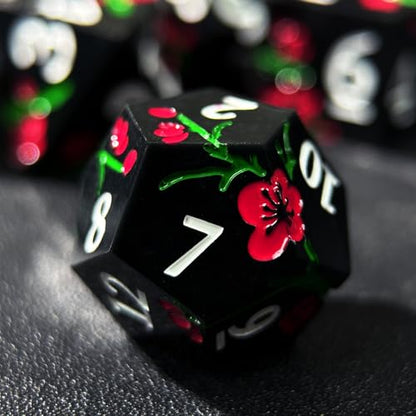 HAOMEJA Resin Flower Dice Set 7pcs/ Sharp Edged Polyhedral Dice/Apply to D&D/DND/RPG-MTG/Role Playing Table Game/Easter/Halloween Party Gift (Black) - color: 7 Black