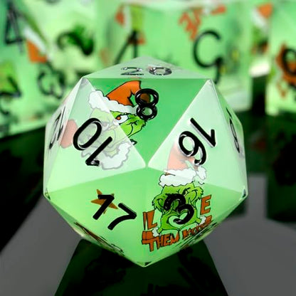 DNDND Full 7 Piece Sharp Edge Dice Set with Carton Stickers for Dungeons and Dragons D&D Table Games (Green with Carton) - color: Carton Green