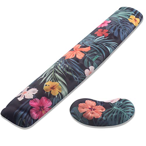BRILA Memory Foam Mouse & Keyboard Wrist Rest Support Pad Cushion Set for Computer, Laptop, Office Work, PC Gaming - Massage Holes Design - Easy Typing Wrist Pain Relief (Floral Leaves) - color: Floral Bundle