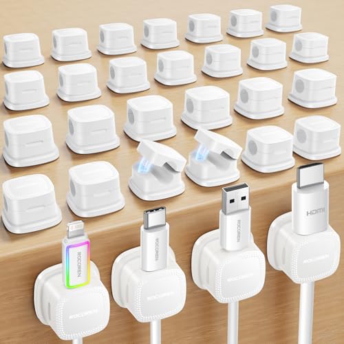 Rocoren 30‑Pack Magnetic 1s‑Lock Adhesive Cable Clips Cord Organizer | White Cable Management Accessory for Phone Charger Wire, Suitable for Nightstand, Car, Office and Desktop - color: White