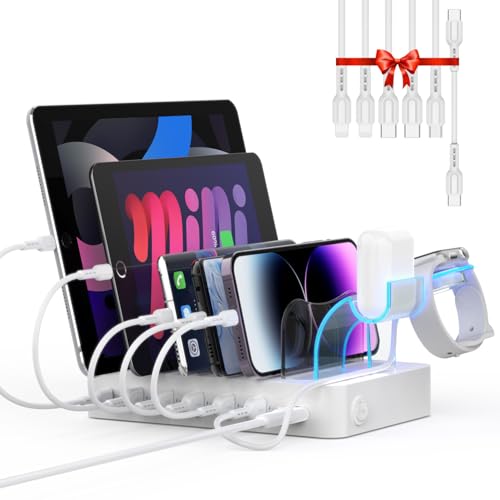 SooPii 60W 6-Port Charging Station for Multiple Devices, PD 20W USB C Fast Charging for lPhone 14/13/12,6 Short Cables Included, 2 in 1 Holder,for Phones,Tablets and Others,White - color: White