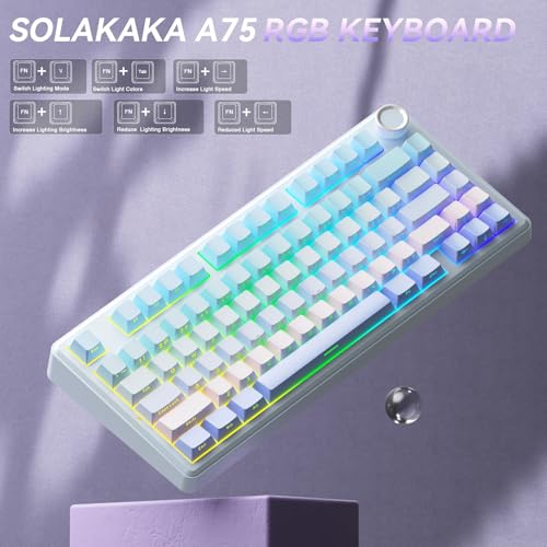 SOLAKAKA A75 Wireless Mechanical Keyboard, Hot Swappable Gaming Keyboard with RGB Backlit, Multifunction Knob, Gasket Mounted Creamy Keyboard, BT5.0/2.4GHz/USB-C, 75% Compact Layout for Win/Mac/PC - color: Gradient-BluePurple
