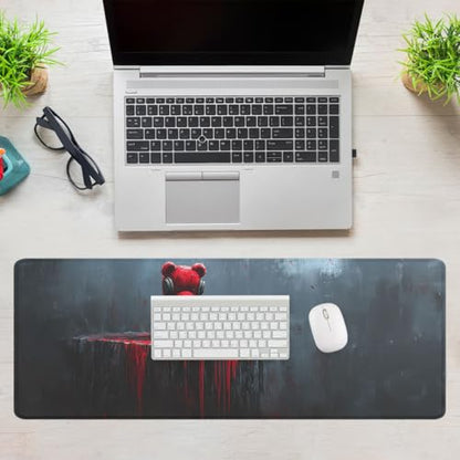 Bear Gaming Mouse Pad Dark Gothic Headphones Blood Art Large Gaming Mouse Mat with Stitched Edges,Non-Slip Waterproof Rubber Base Mous Mat Office Computer Keyboard Laptop 31.5x11.8 Inch - color: Bear_04, size: 31.5L x 11.8W inches