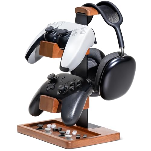 Solid Wood Controller Holder and Headphone Stand, Controller Stand for Desk | Dual Gaming Controller Organizer Rack, Fits Xbox, PS4, PS5, Gamepad, Headset Holder for Son, Husband, Boyfriend