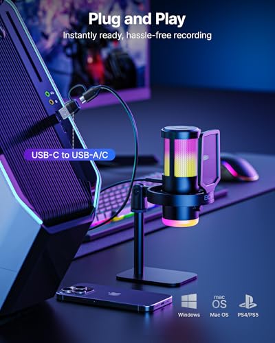 BOYA USB Gaming Microphone with Boom Arm, 192kHz/24bit, Supercardioid + ENC Noise Cancellation, Touch Mute, 9 RGB Effects, Gain Knob, Monitor Jack, Microphone for PC/PS4/PS5/Mac/Android/iOS - size: Boom Arm Version