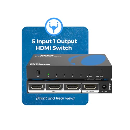 OREI 8K HDMI 2.1 Switch, 5-Port 5-in 1-Out, 8K@60Hz, HDR, Auto Switcher | hdmi switch with remote, hdmi switcher 5x1, 48Gbps, 4K@120Hz, VRR, ALLM, QFT, CEC, PS5/Xbox Compatible - size: 5x1 8K HDMI Switch