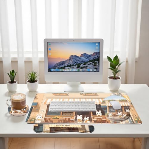 Kawaii Bunny Desk Mat Set Cozy Cartoon Bunny Cafe Mouse Pad with Wrist Rest 4in1 Desk Mat for Desktop Ergonomic Keyboard Wrist Support Anti-Slip Computer Ergonomic Mouse Pad Home Office Gaming - color: Kawaii Bunny